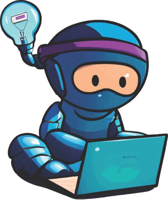 The Moneypenny mascot: a small blue ninja at a laptop with a lightbulb held aloft.